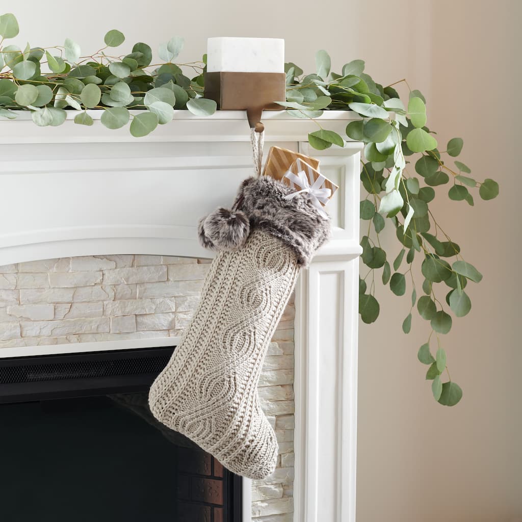SAFAVIEH Holiday Jaye Gingerbread Beige Hanging Knit Pom-Pom Stocking (Set of 2) - 12" W x 20" L - 12Wx20D