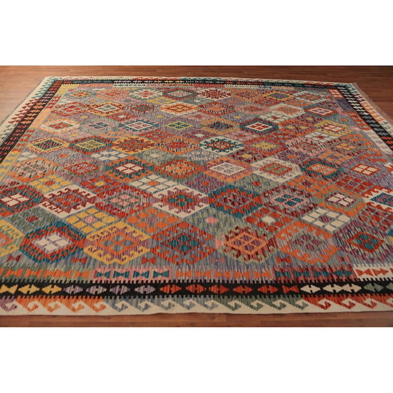 All-Over Geometric Kilim Oriental Area Rug Flatweave Wool Carpet - 8'10"x 11'2"