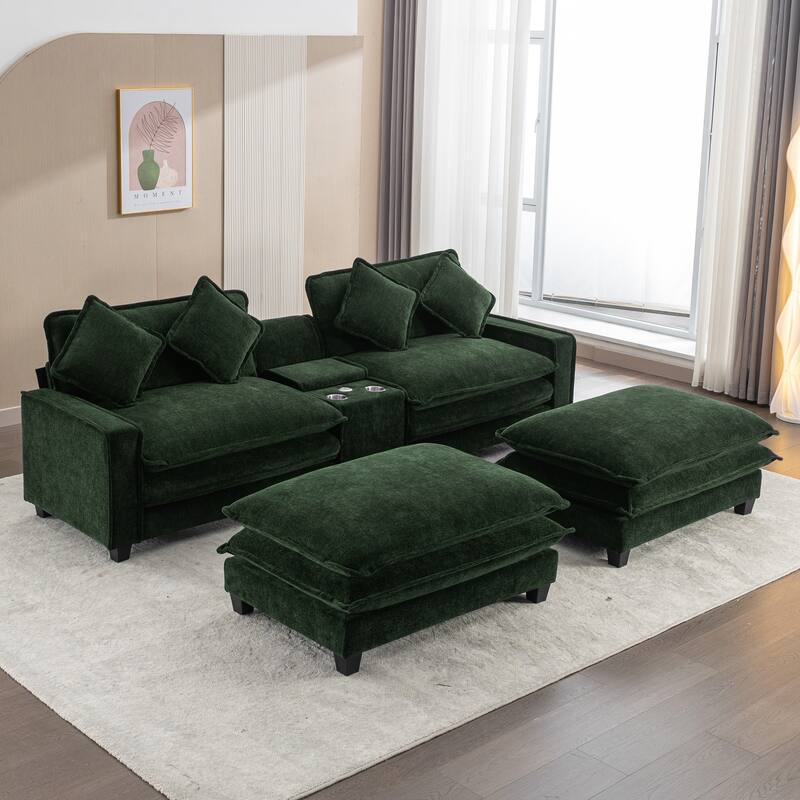 111" Chenille Sectional Sofa Set with USB Ports & Cup Holders, Oversized Chaise Lounge Modular Loveseat with 2 Ottomans - Green