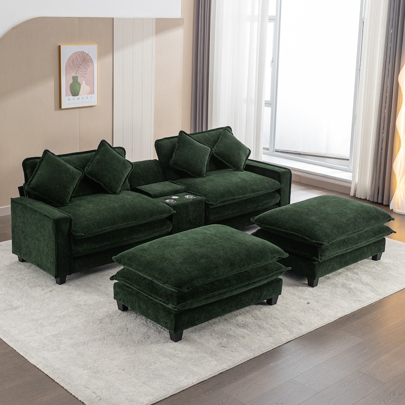 Roomfitters Chenille Sectional Sofa with 2 Ottomans, USB Ports, Cup Holders and Storage Box for Living Room
