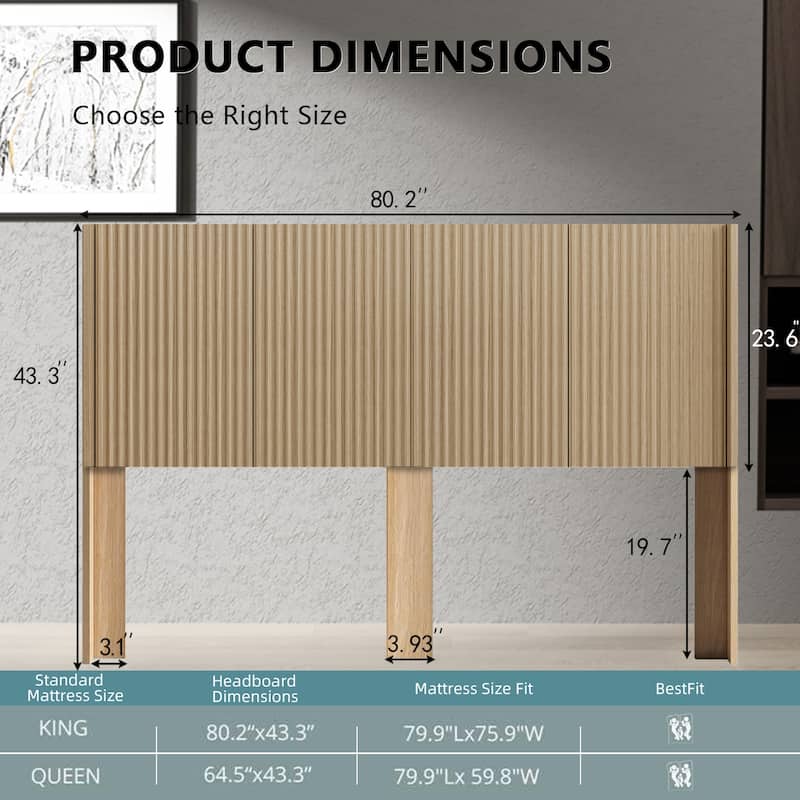 Queen Size Wood Headboard with Modern Farmhouse Design, Wall Mounted Fluted Panel, Natural Oak Finish