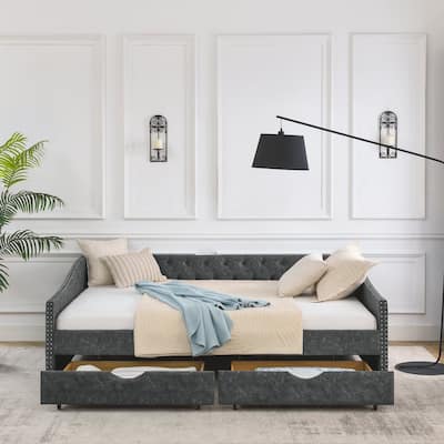 Queen Size Daybed With Drawers Upholstered Tufted Sofa Bed