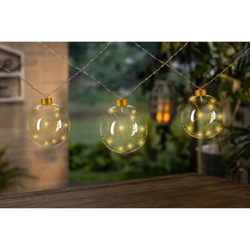 Glass 4 inch D Christmas Ornament Garland with Gold String Lights