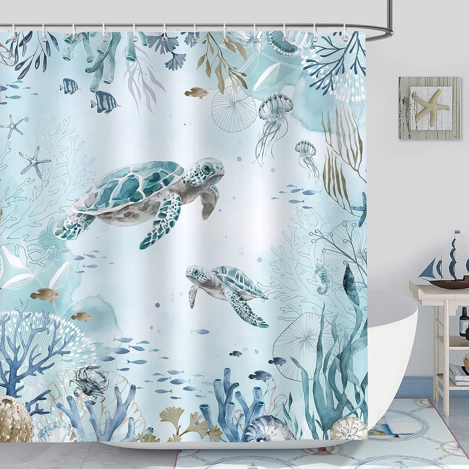 Sea Turtle Shower Curtain for Bathroom Ocean Beach Coastal Bath Hooks - Multi