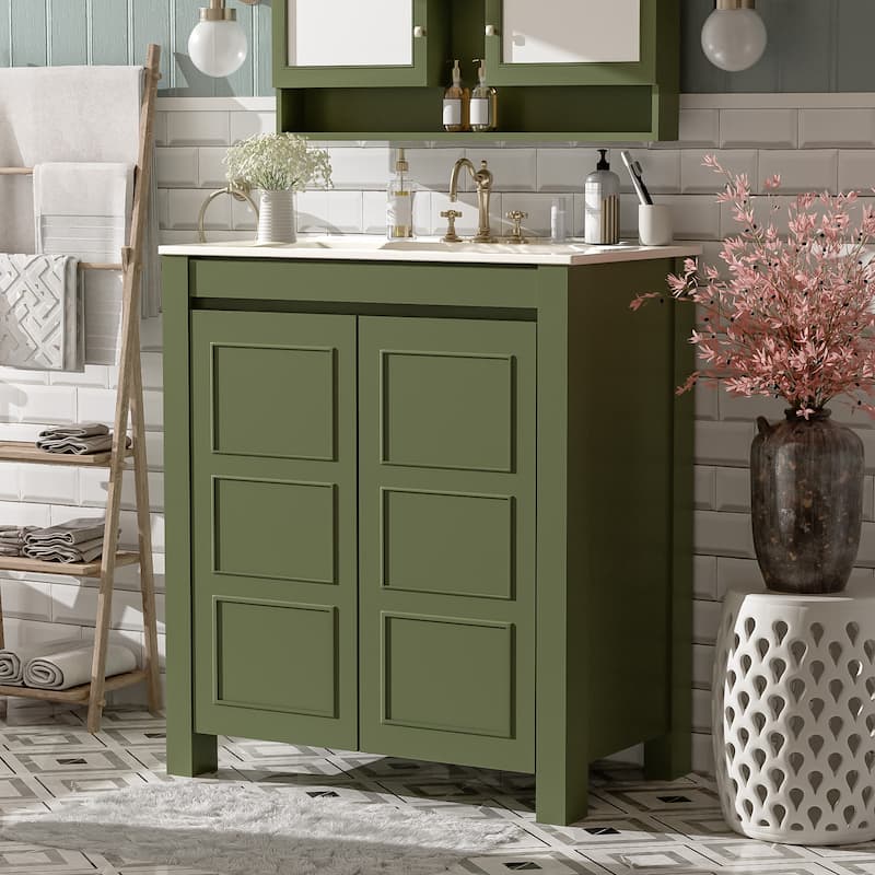 30-Inch Farmhouse-Style Bathroom Vanity with Ceramic Basin, Soft-Close Door, Customizable Shelf & Olive Green Storage Cabinet‌ - Olive Green