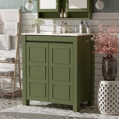 30-Inch Farmhouse-Style Bathroom Vanity with Ceramic Basin, Soft-Close Door, Customizable Shelf & Olive Green Storage Cabinet‌
