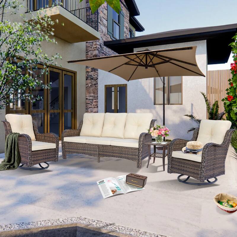 Outdoor Patio Furniture Set-Wicker Patio Conversation Swivel Chair Set - 4 Piece - Cream/Brown Wicker