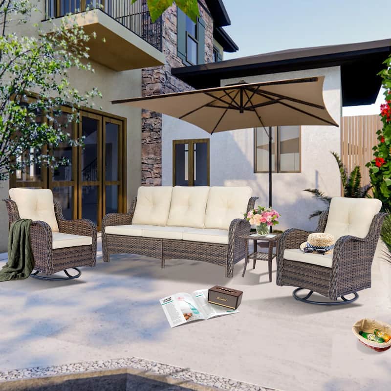 Rattan Wicker Outdoor Patio Furniture Set Swivel chairs with Cushions - 4 Piece - Cream/Brown Wicker