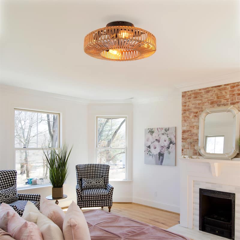 20" Rope Caged Ceiling Fans with Remote and Low Profile Chandelier 6 Speed, NOT Included Bulbs