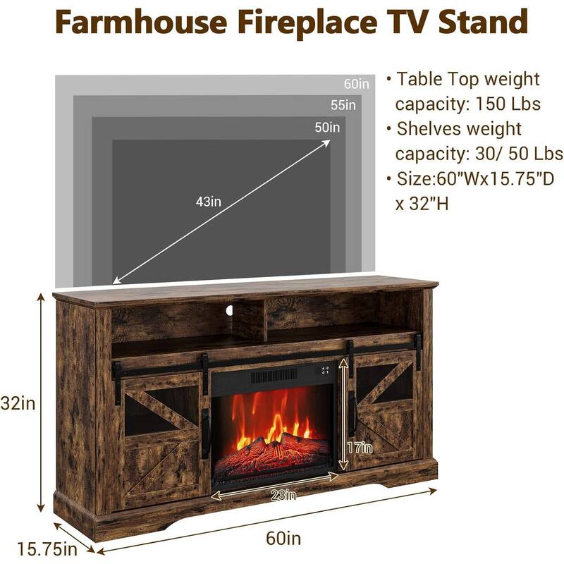 Farmhouse Electric Fireplace TV Stand Entertainment Center for Living Room, Brown