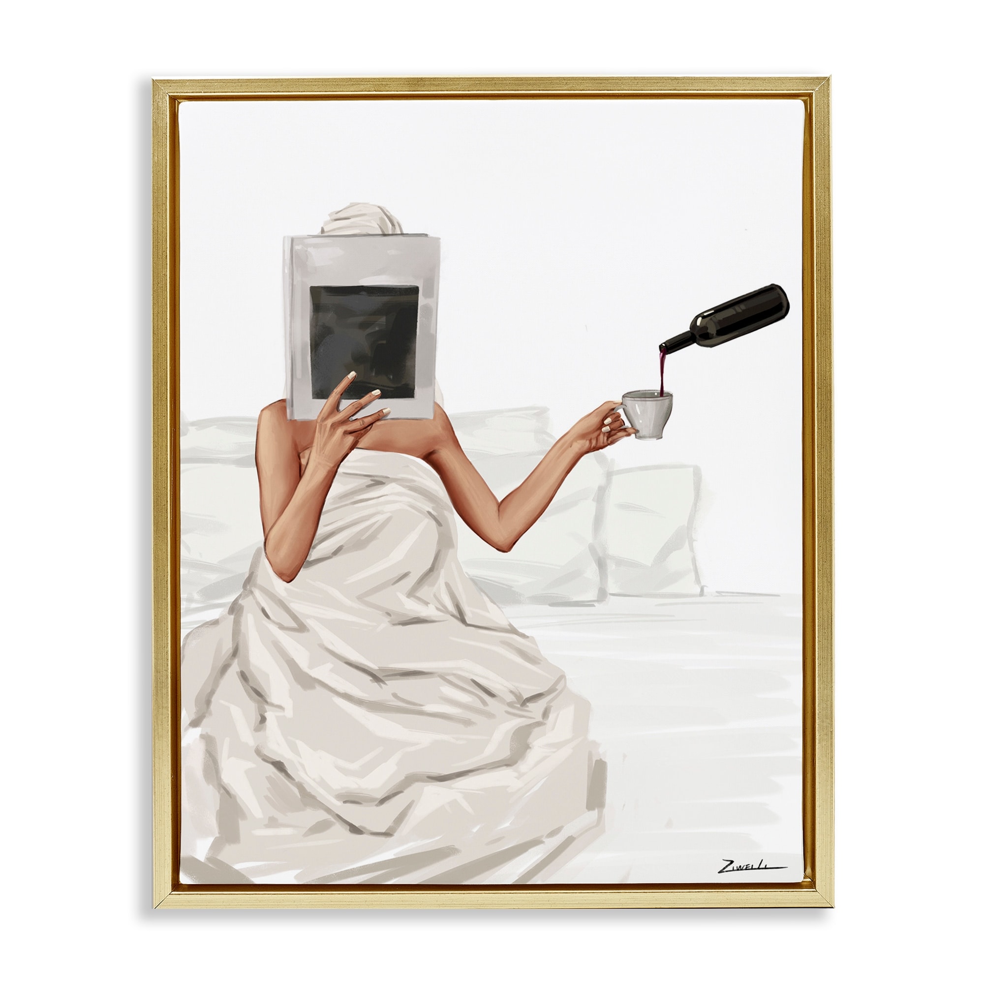 Stupell Cozy in Bed with Drink Framed Floater Canvas Wall Art Design By Ziwei Li