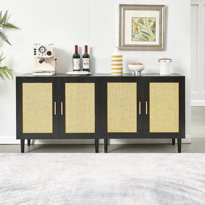 Anmytek Modern Black Rattan Buffet Cabinet Sideboard Kitchen Storage Credenza with Gold Handles