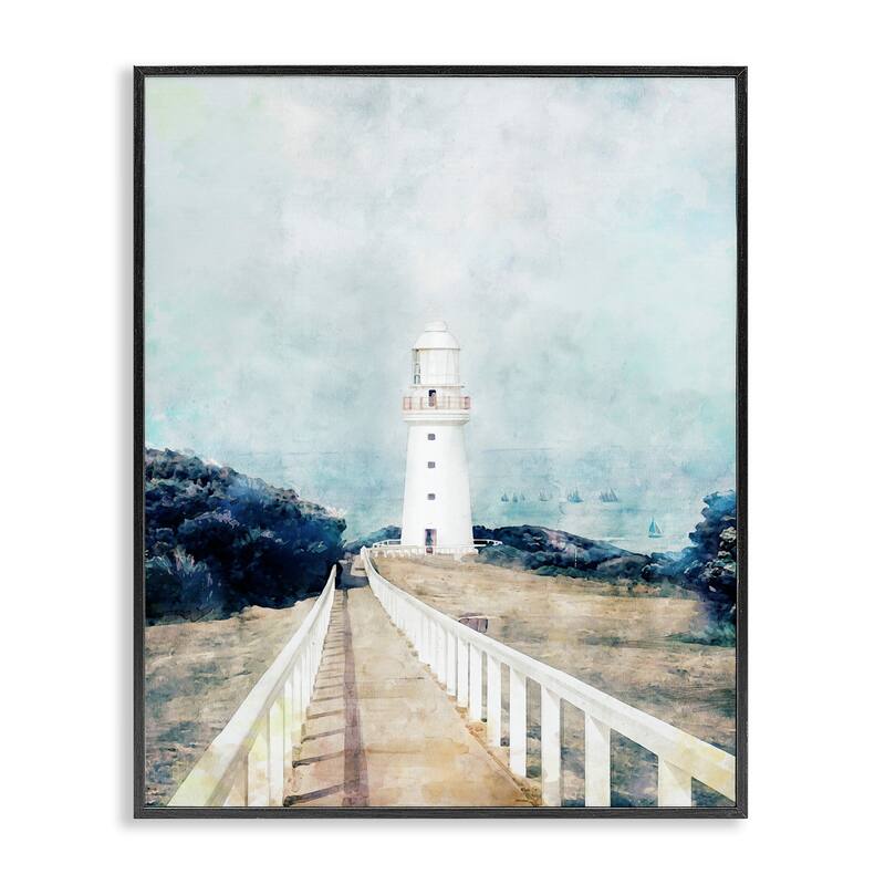 Stupell White Lighthouse Boardwalk Rocky Cliff Coastal Landscape Water Framed Wall Art - Blue