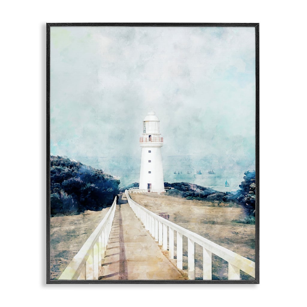 Stupell White Lighthouse Boardwalk Rocky Cliff Coastal Landscape Water Framed Wall Art - Blue