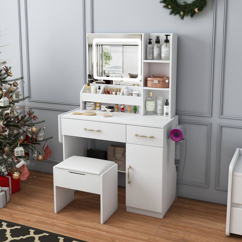 Vanity Desk with LED Mirror & Power Outlet, Makeup Dressing Table
