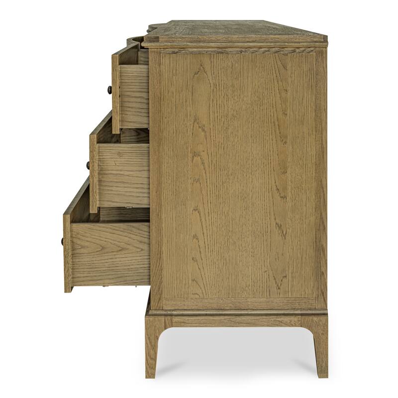 NADAAL STUDIOS Maerin Dresser, Nine Drawer Oak Form with Rounded Overhang and Curved Center Detail, Brown