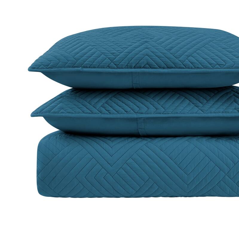 Garment Wash Grid Stitched Ultra Soft Microfiber 3-Piece Quilt Set