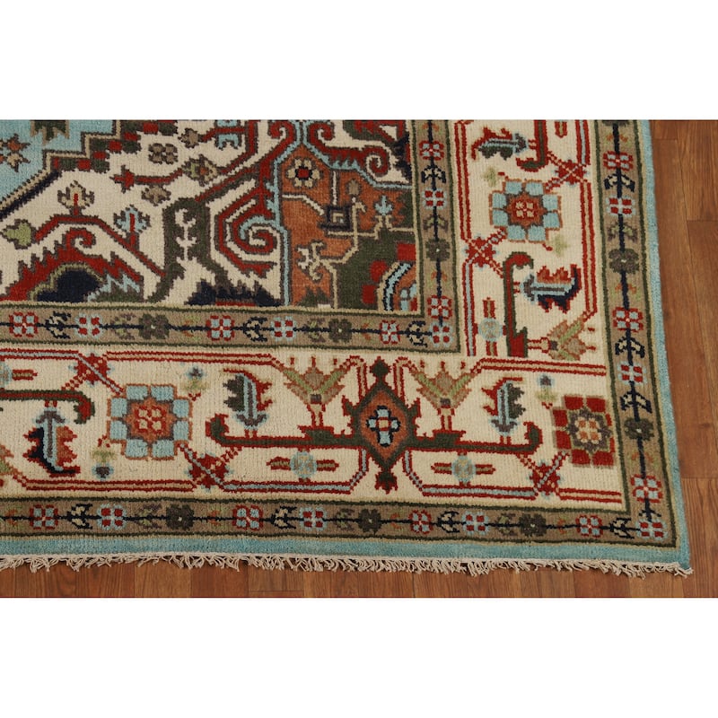 Light Blue Geometric Heriz Serapi Indian Rug Hand-Knotted Wool Carpet - 8'0" x 9'9"