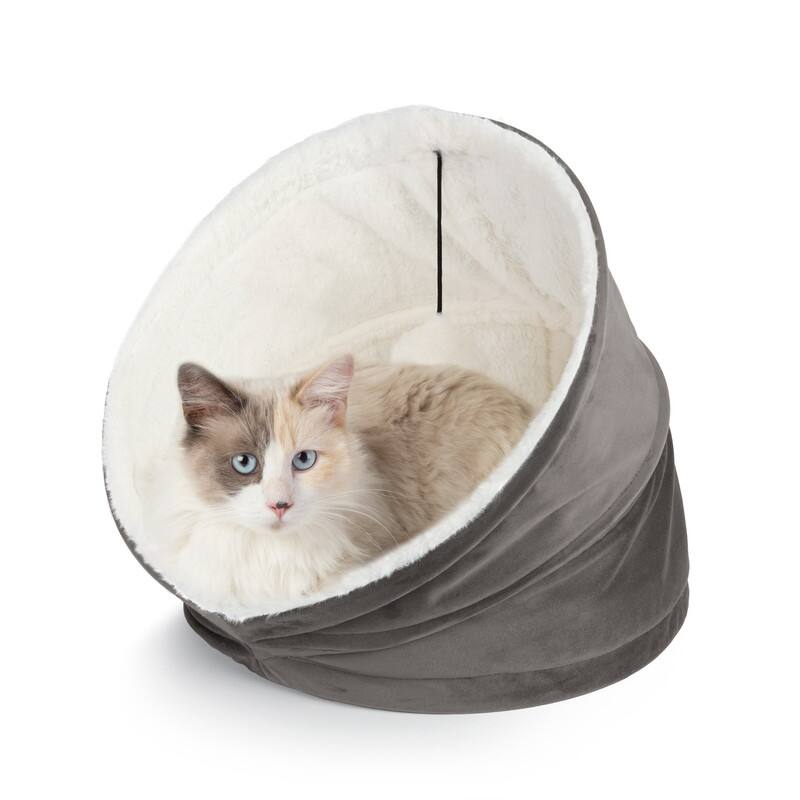 Cozy Cat House Velvet With Sherpa + Dangling Ball - 16"16"