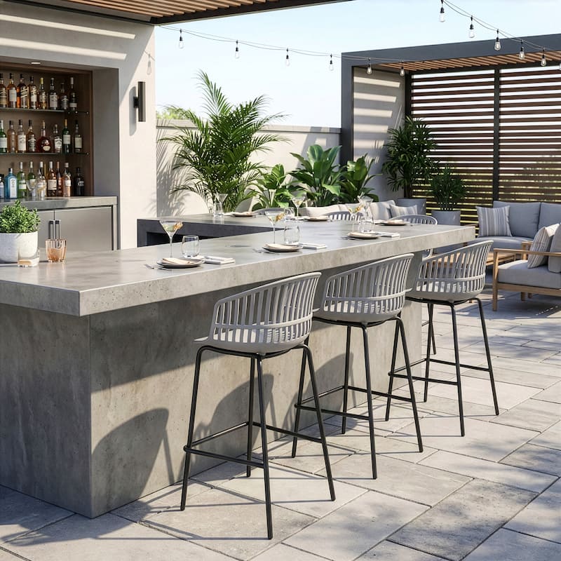 Set of 2 Basia Gray Plastic Counter Stool with Slatted Back and Iron Legs