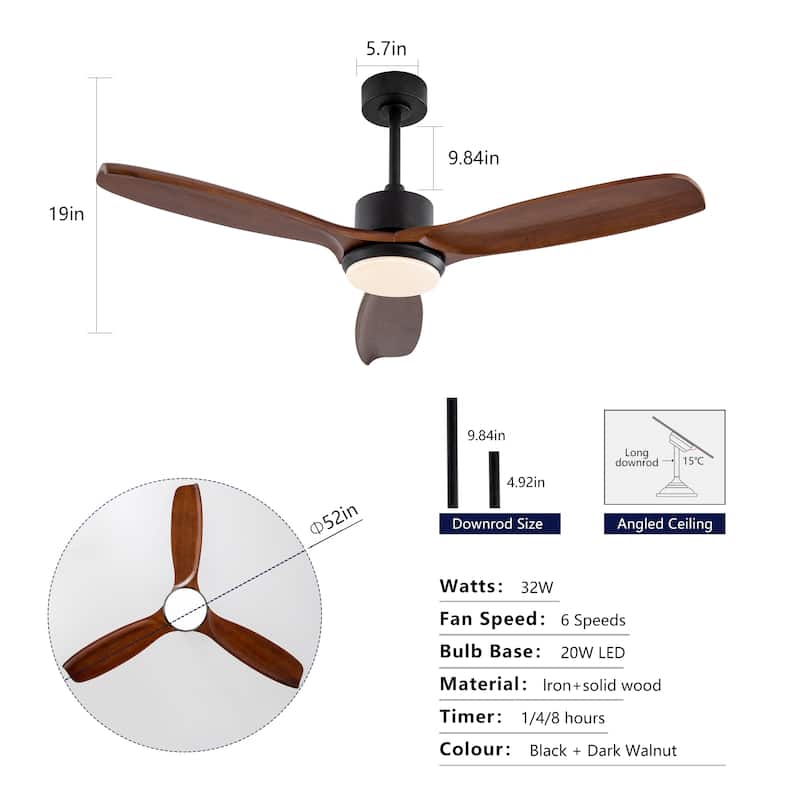52" Wood Ceiling Fan with Lights Remote Control,Quiet DC Motor 3 Blade Ceiling Fans for Patio Living Room, Bedroom