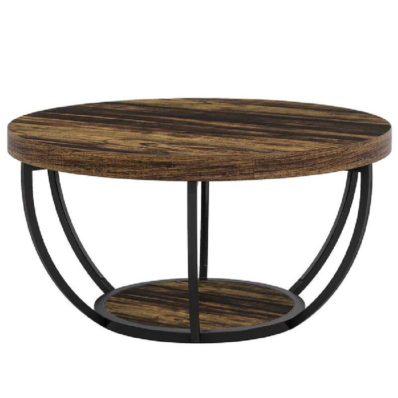 Round 2-Tier Wood Coffee Table with Metal Base for Living Room