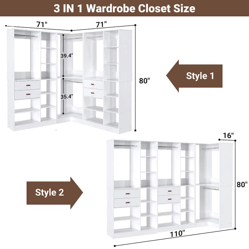 Set of 3 Corner Closet System with Tower Shelves, Closet Organizer with Drawers and Hanging Rods
