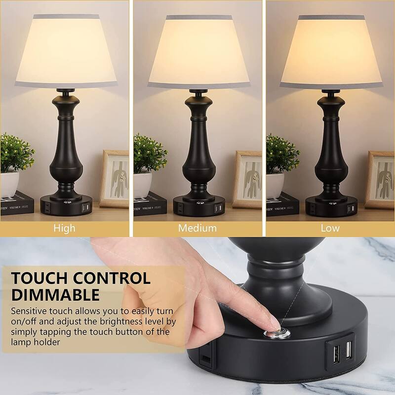 Touch Control Table Lamp 3 Ways Dimmable with 2 USB Charging Port 1 AC Outlet- Set of 2 - 2PCS