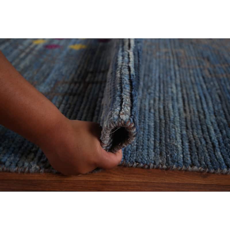 Blue Geometric Moroccan Large Area Rug Hand-Knotted Wool Carpet - 12'1"x 18'5"