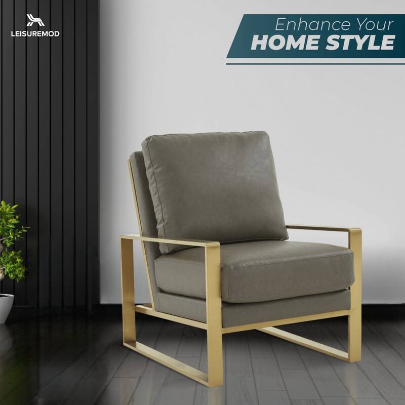 Jefferson Contemporary Leather Accent Armchair with Brushed Gold Base, Removable Cushions, and Durable Spring-Supported Seat