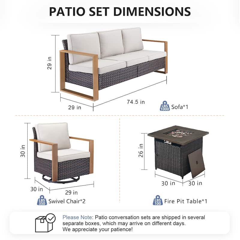 Pocassy Outdoor Fire Pit with 3-Seat Sofa Swivel Chairs Patio Furniture Set