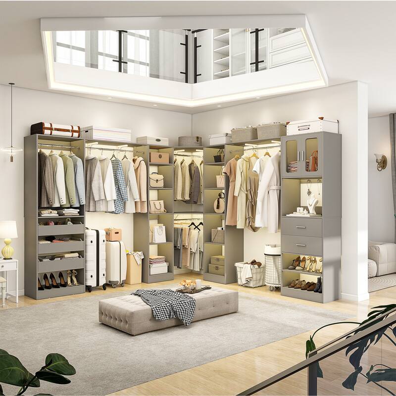 100" × 100" Closet System With Door and Wooden Drawers, Closet Organizer with 5 Hanging Rods and 20 Storage Shelves