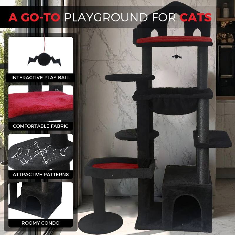 Black Gothic Cat Tree, Multi-Level Spooky Cat Tree with Scratching Posts, Perches, Hammock, and Cat Cave - Black Cat Tower