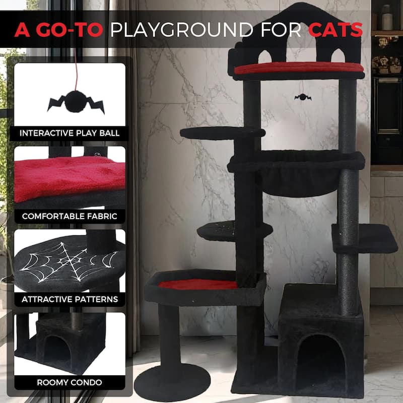 Black Gothic Cat Tree, Multi-Level Spooky Cat Tree with Scratching Posts, Perches - Black