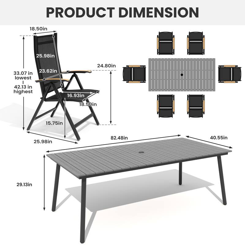 7/9-Piece Outdoor Aluminum Patio Dining Set Adjustable Folding Chairs and Dining Table with Umbrella Hole