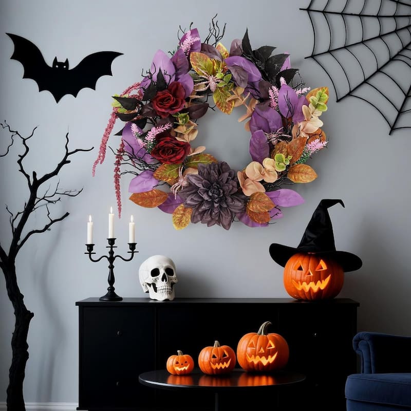 18 Inch Halloween Autumn Wreath with Artificial Flowers - N/A