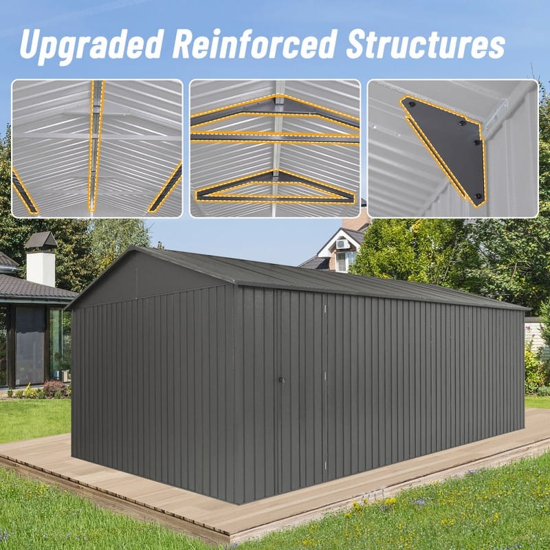Domi 12x15FT Outdoor Metal Garage Shed,Extra Large Metal Carport with Lockable Double Doors,Heavy Duty Car Shelter,Dark Grey