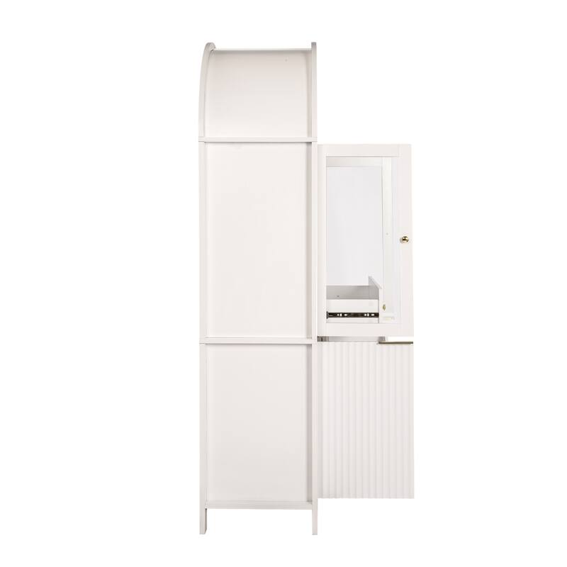 71" Fluted Tall Pantry Cabinet with Arched Glass Door, Hidden Drawer, Wood Display Storage Cabinet with Adjustable Shelves
