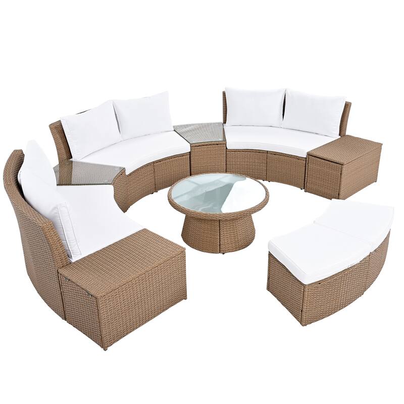10-Piece Patio Sectional Curved Outdoor Rattan Sofa Set with Cushions, Storage Boxes, Ottomans, Tables and Glass Top