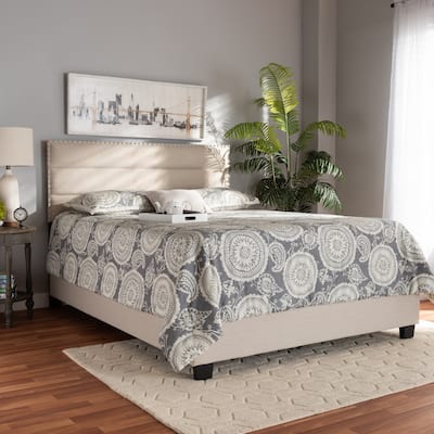 Full Size Bed Frame Upholstered Modern Beige Fabric Bed with Nailhead Trim & Sturdy Wood Frame
