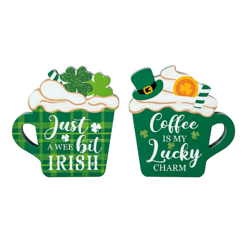 Glitzhome St Patrick's Epoxy Wooden Shamrock Leprechaun Pot of Gold Coffee Cup Table Decor