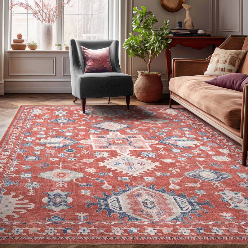 Well Woven Apollo Serapi Delhi Floral Medallion Low Pile Easy Care Rug - 6' x 9' - Red