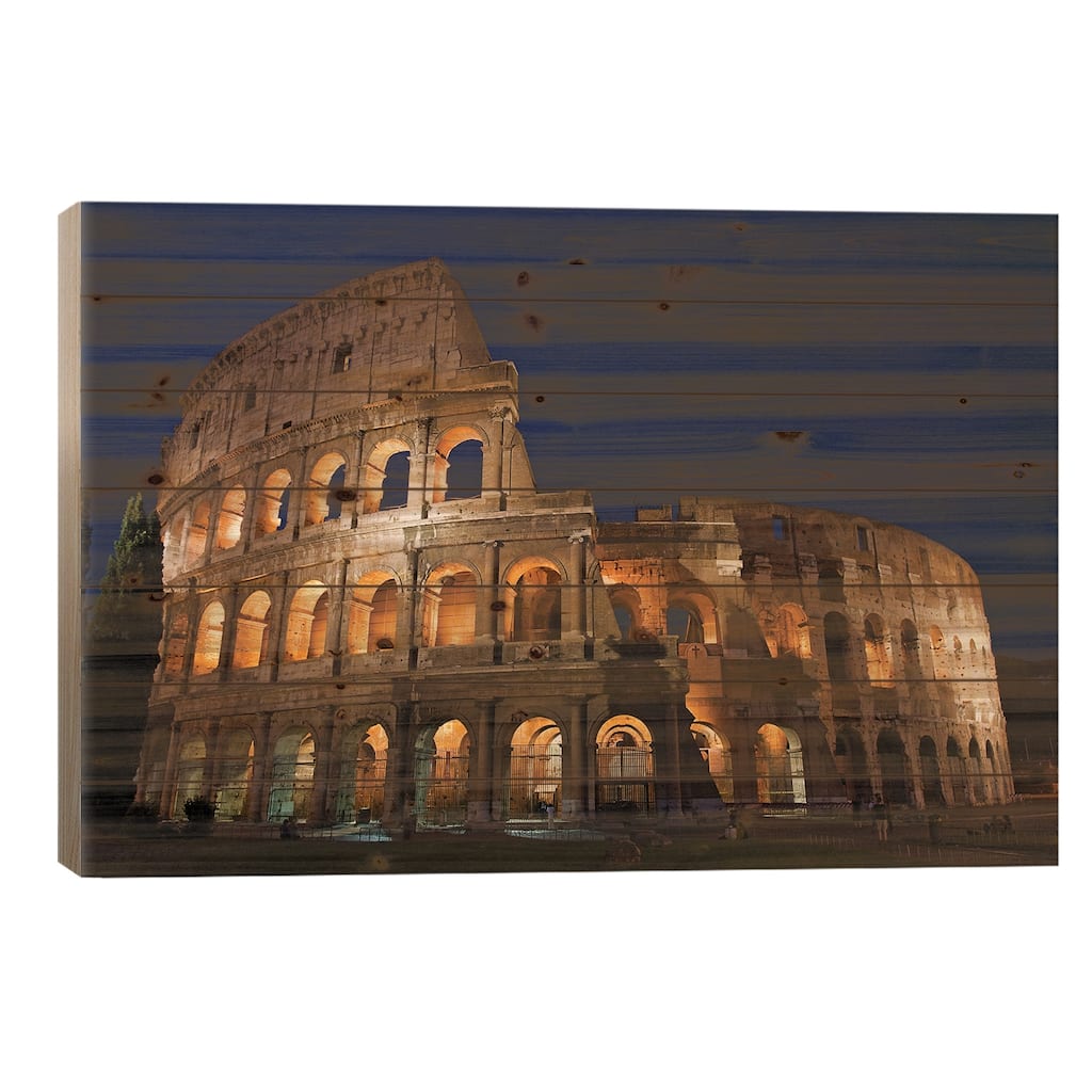 Italy, Rome, Colosseum. Night scene at landmark. Print On Wood by Jaynes Gallery - Multi-Color