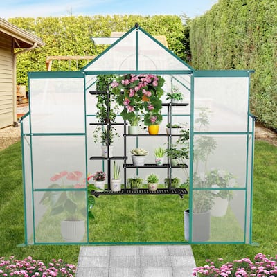 8X6FT-Green Double Door Polycarbonate Greenhouse Raised Base and Anchor Aluminum Heavy Duty Walk-in Greenhouses