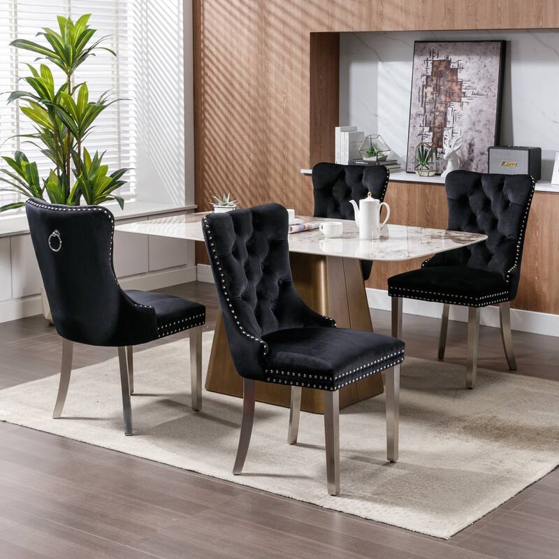 Modern Tufted Solid Wood Velvet Upholstered Dining Chair with Stainless Steel Plating Legs and Nailhead Trim