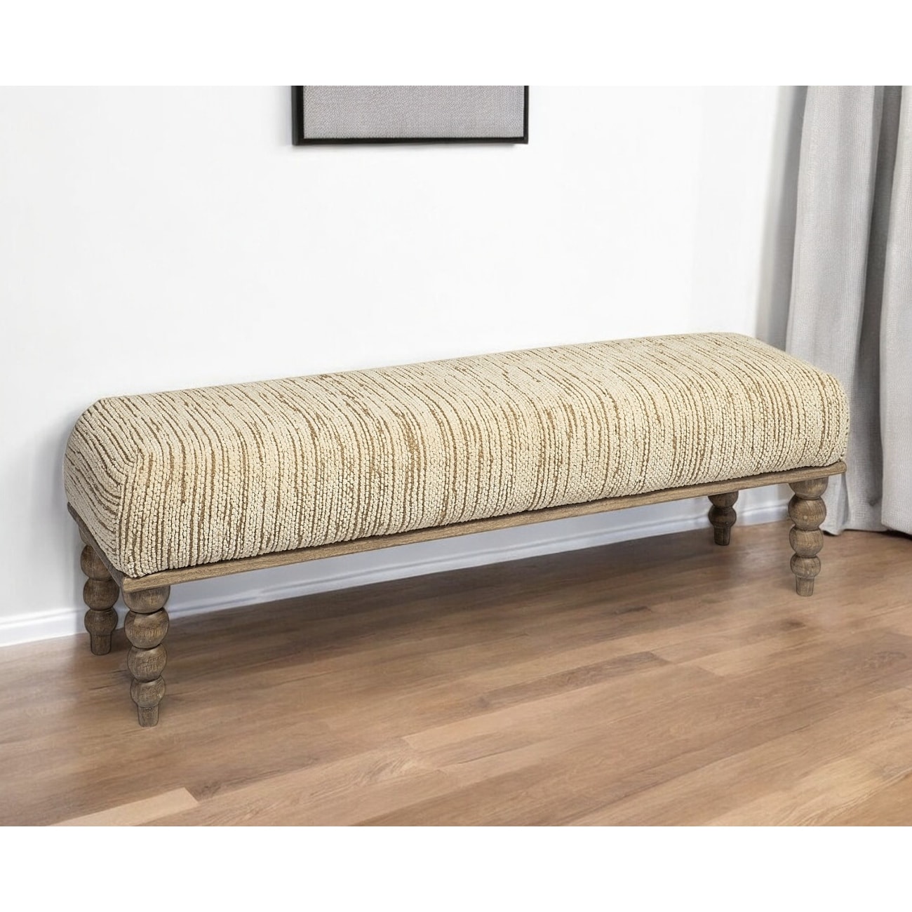 HomeRoots 55" Cream and Wood Brown Upholstered Fabric Bench - 55.00 in. x 18.00 in. x 16.00 in.