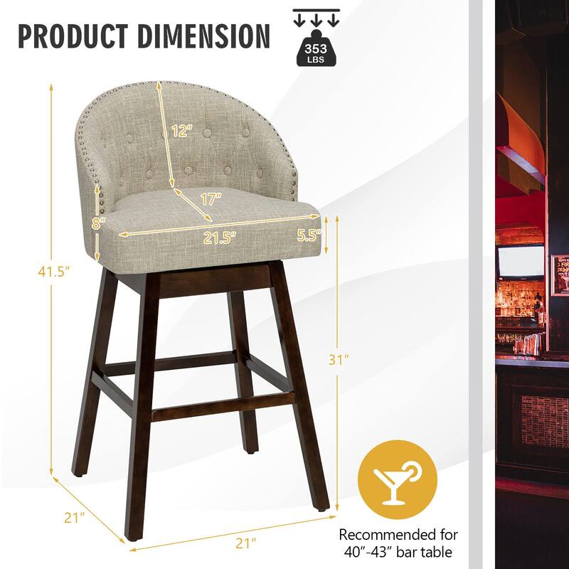 Gymax Set of 2 Swivel Bar Stools Tufted Bar Height Pub Chairs w/