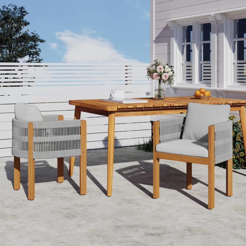 Set of 2 Outdoor Acacia Wood and Rope Dining Chairs with Cushions - Grey