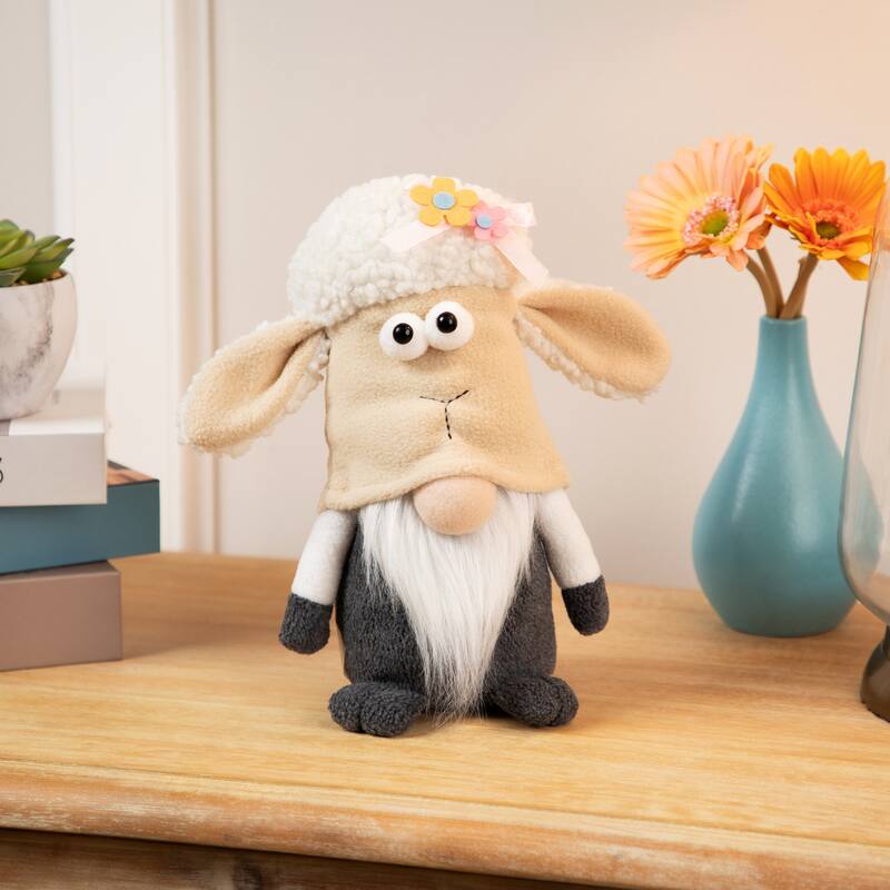 Plush Springtime Floral Sheep Gnome Easter Decoration - 9" - Gray and White