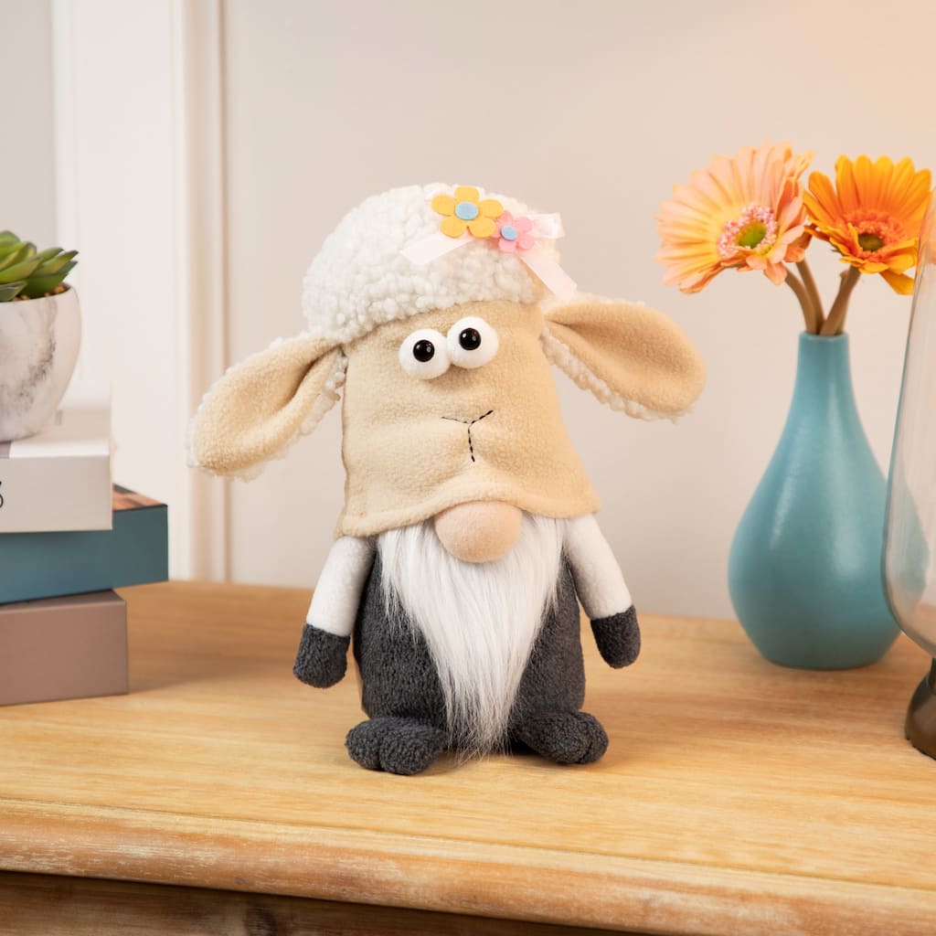 Plush Springtime Floral Sheep Gnome Easter Decoration - 9" - Gray and White